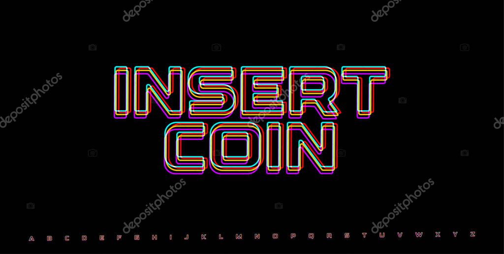 INSERT COIN retro glitch typography. RGB arcade interface element with neon distortion. Vaporwave pixel art style for gaming UI. Vector illustration