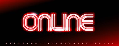 Neon elektrik alfabesi, parlak harfler, online düğme için kalın dijital yazı tipi, kumarhane başlığı, teknoloji tipografisi, gece hayatı unvanı, bar logosu, parlak tipografik tasarım. Vektör tipi.
