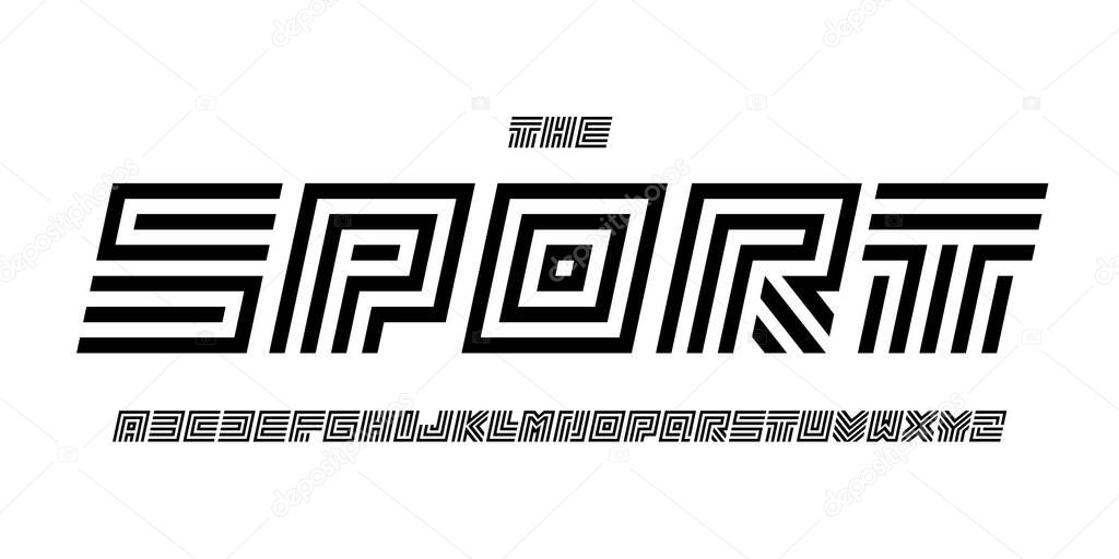 Striped maze font, bold striped block alphabet, linear tech letters, digital cyber typeface for sport logo, racing headline, modern labyrinth typography, geometric typographic design. Vector typeset