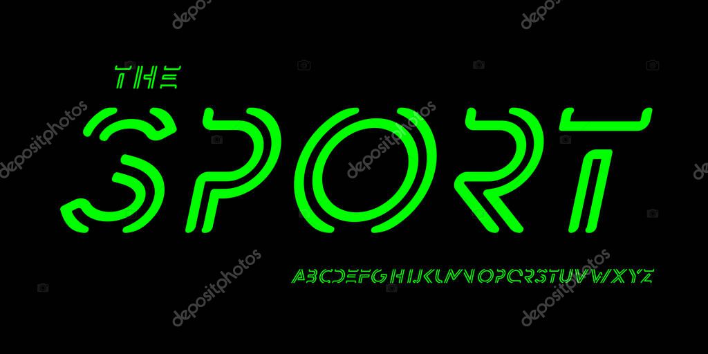 Cyber racing font, abstract linear alphabet, striped electro letters, green cyber typeface for auto logo, esport poster headline, fast typography, modern digital typographic design. Vector typeset