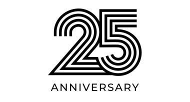 25. yıldönümü tabelası, tebrik kartı için çizgili geometrik numara 25, doğum günü organizasyonu tasarımı, iş pazarlama malzemeleri, düğün jübile logosu. Vektör illüstrasyonu.