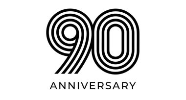 Minimalist 90. Yıl dönümü logosu, şirket tebrik kartı, web ve olay tasarımı, ticari markalaşma, pazarlama malzemeleri, düğün ve doğum günü sembolü için 90 numaralı geometrik çizgiler. Vektör illüstrasyonu.