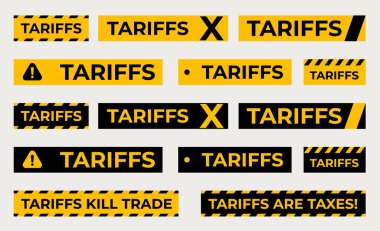 Gümrük Uyarı Etiketi Sarı ve Siyahla Simgeler, Şeritler ve Sloganlarla Ayarlandı. Ekonomik Ticaret ve Politika Çakışması Işık Arkaplanı. Vektör İllüstrasyonu