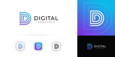 Renkli katmanlı dijital çizgilerin oluşturduğu stilize D harfi yenilik ve hassasiyeti çağrıştırıyor. Teknolojik markalaşma, uygulamalar ve dijital kimlik için uygun. Modern geometrik monogram. Vektör illüstrasyonu 