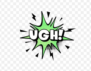 Yeşil patlamalı komik sesli mesaj. Üzerinde şimşekler ve şeffaf arka planda noktalar olan bir baloncuk. Hüsran Pop Sanat İfadesi. Vektör İllüstrasyonu