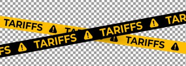 Gümrük Uyarı Bantları Ünlem Simgeleriyle Sarı ve Siyah olarak ayarlandı. Ekonomik Kriz İçin Şeffaf Arkaplan, İthalat Vergisi ve Ticari Kısıtlama Teması. Vektör İllüstrasyonu.