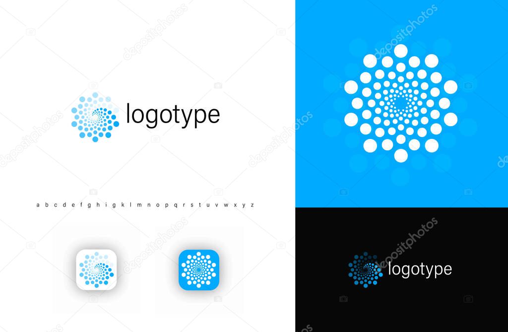 Abstract spiral dot logo symbolizing technology, data flow, digital innovation and water wave. Perfect for AI, biotech, networking, analytics, futuristic businesses. Vector round logo.