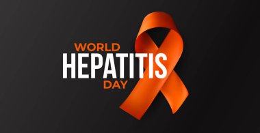 Siyah arka planda turuncu kurdele ve Dünya Hepatit Günü mesajı. Karaciğer hastalığı farkındalığı, aşı, tıbbi destek için acil görsel temas. Parlak 3B vektör illüstrasyonu