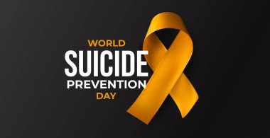 Siyah arkaplanda Dünya İntihar Önleme Günü başlıklı turuncu kurdele. Ruh sağlığı, umut ve destek için duygusal çağrı. Gerçekçi 3B vektör illüstrasyonu.