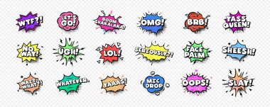 OMG, WTF, LOL, SLAY, YAAS gibi modaya uygun ifadeleri olan komik konuşma baloncukları seti mizahı, pop kültürünü, eğlenceyi çağrıştırıyor. Mim 'ler, çıkartmalar, pop sanat tasarımları için harika. Renkli pop sanat vektörü illüstrasyonu.