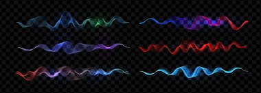 Ses dalgaları ayarlandı, parlayan ekolayzır hatları, neon parıltılı ışık titreşimleri. Ses frekansı enerjisi, yıldırım dürtüsü. Teknoloji, EDM ve fütüristik tasarım için dijital sinyal. Vektör illüstrasyonu. 