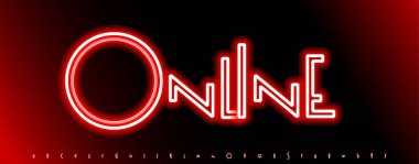 Kırmızı neon alfabe, parlak kalın harfler, gece hayatı afişi için canlı elektrik yazı tipi, parti posteri, UI oyunu, çevrimiçi düğme, dijital işaret, parlak tipografik tasarım. Vektör tipi.