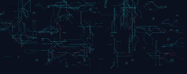 Noktalı Teknik Hatlarla Siber Ağ Şebekesi. Siber güvenlik, veri akışı ve UI sistemleri için mavi ve kırmızı dijital rotalar içeren koyu fütüristik arka plan. Temiz soyut bir düzen. Vektör illüstrasyonu.