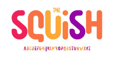 Oyuncu renk alfabesi, kalın yuvarlak fütürist yazı tipi, çocuk oyun başlığı için renkli geometrik yazı karakteri, yumuşak tipografik tasarım, modern eğitim tipografisi. Vektör tipi