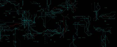 Futuristic Tech Grid With Neon Circuits, dark background with glowing blue and red dotted lines for cyber systems, hacking, or AI concepts. Encoding encryption process BG. Vector illustration.