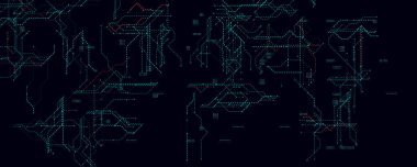 Digital Circuit Board With Glowing Dotted Lines. Futuristic dark background with blue and red data routes for cybersecurity, tech UI, machine learning visuals. Vector illustration.