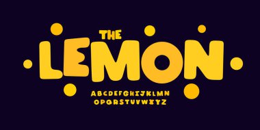 Juicy bubble alphabet, bold rounded sunny font, yellow cartoon font for sticker logo, summer sign headline, playful typographic design, modern fluffy heavy vibrant typography. Vector typeset