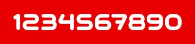 Spor kırmızı yazı tipi, dinamik futbol takımı numaraları, kalın yuvarlak forma numarası tipografisi. Spor giyim tasarımı için rakamsal sembol, modern futbol ligi tipografisi. Vektör tipi.