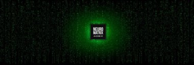 Yapay Zeka Chip Dijital Matris Arkaplan İkili Kodu Parlayan Yeşil Işık. Fütürist Veri Teknolojisi BG Nöral Ağ kavramı. Sibernetik zemin. Vektör İllüstrasyonu 