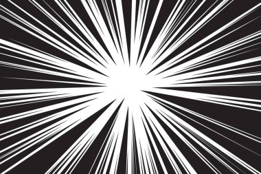 Patlama efekti ve dramatik hareketi olan çizgi roman hız çizgileri. Hareket sahneleri için dinamik zoom arka planı, süper kahraman panelleri, duygusal anlar. Siyah ve beyaz stili. Vektör illüstrasyonu