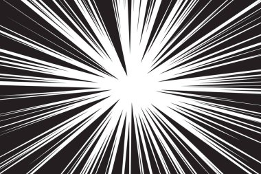 Merkezden yayılan dinamik siyah hız çizgileriyle çizgi roman patlama etkisi, çarpıcı etki ve enerji. Aksiyon sahneleri için manga tarzı patlama arka planı. Düz vektör illüstrasyonu