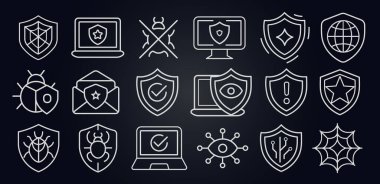 Outlined cybersecurity icons with shields, bugs, checkmarks, monitors, envelopes, and circuits. Malware alert, antivirus system, email and network security. Line stroke style. Vector illustration