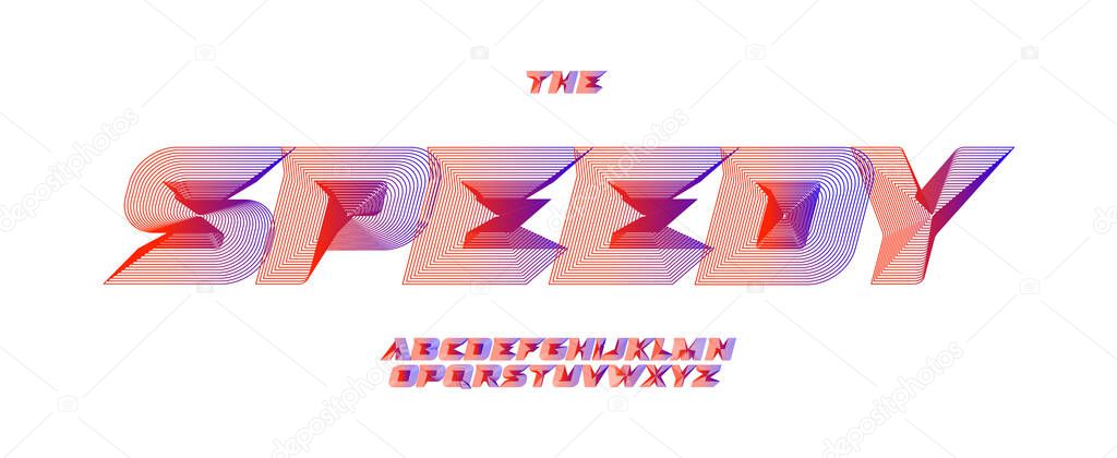 Speedy logo font, bold italic cyber alphabet. Dynamic display typeface. Red blue gradient line typescript. Fast motion for race sports branding, esports logo headline title. Vector typeset.