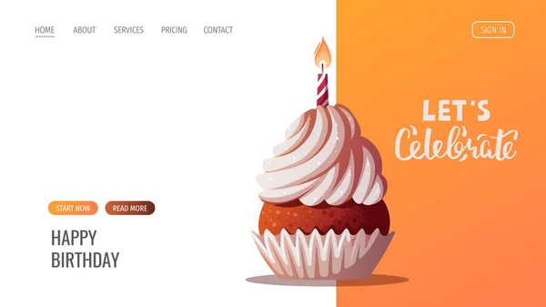 Feliz Cumpleaños Sitio Web Con Cupcake — Vector de stock