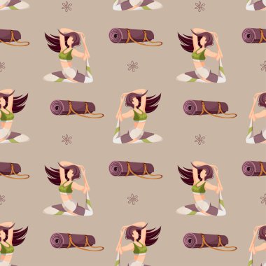 Yoga yapan kusursuz bir kadın modeli, renkli vektör çizilmiş spor seti ve sağlıklı yaşam tarzı. 