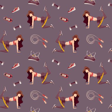 Egzersiz yapan kusursuz kadın modeli, renkli vektör çizilmiş spor temalı karikatür seti, sağlıklı yaşam tarzı. 