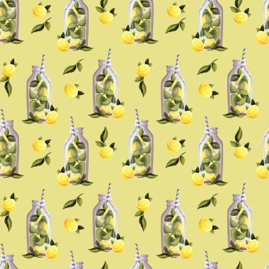 Kavanozda elle çizilmiş limonata ile kusursuz desen. vektör illüstrasyonu