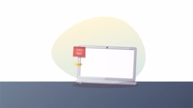 Ekranda öğretmen, ev bitkisi, kahve fincanı olan bir laptop. Öğrenim, Çevrimiçi eğitim, uzaktan eğitim, e-öğrenme, dersler ve kurslar konsepti. Canlandırma videosu.