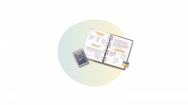Defter, tablet ve çalışma malzemeleri. Okuma, eğitim, öğrenme, okula dönüş, öğrenci, kırtasiye konsepti. Canlandırma videosu.