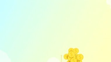 Balonlardaki gibi bozuk paralarla uçan bir adam. Kâr, gelir, refah, finansal başarı, iş, yatırım konsepti. Canlandırma videosu. 