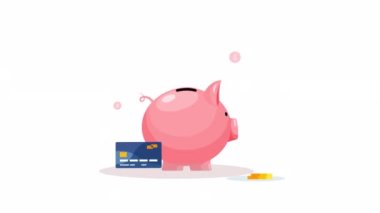 Domuz yavrusu şeklinde domuz kumbarası, telefon ve merdivenlerde bozuk paralı adam. Para biriktirme, finansal hizmetler, mobil uygulama, internet bankacılığı kavramı. Canlandırma videosu.