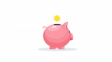 Domuz yavrusu ve bozuk para şeklinde domuz kumbarası. Para biriktirmek ya da biriktirmek, finans, bankacılık kavramı. Canlandırma videosu.