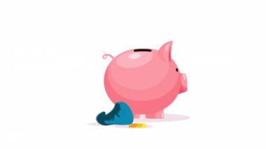 Domuz yavrusu şeklinde domuz kumbarası, telefon, bozuk para ve işçi. Para biriktirme, finansal hizmetler, mobil uygulama, internet bankacılığı kavramı. Canlandırma videosu.