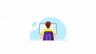 Masada dizüstü bilgisayarla çalışan bir adam. Serbest çalışma, evde çalışma, online iş, ofis, işyeri, e-öğrenme konsepti. Canlandırma videosu.