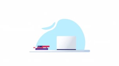 Masada dizüstü bilgisayarla çalışan bir kadın. Serbest çalışma, evde çalışma, online iş, ofis, işyeri, e-öğrenme konsepti. Canlandırma videosu.
