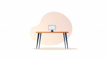 Masada dizüstü bilgisayarla çalışan bir adam. Serbest çalışma, evde çalışma, online iş, ofis, işyeri, e-öğrenme konsepti. Canlandırma videosu.