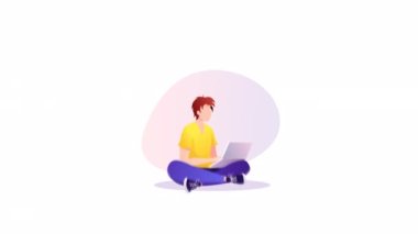 Bilgisayarla çalışan ya da çalışan bir adam. Ev ofisi, online serbest meslek, iş, evde iş, e-öğrenme konsepti. Canlandırma videosu.