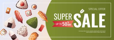 Suşi ile Japon yemek afişi. Sağlıklı yemek, yemek, menü, beslenme konsepti. Vektör illüstrasyonu.