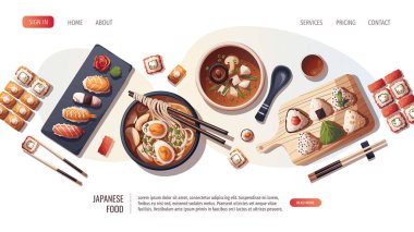 Suşi, Miso çorbası, ramen, onigiri, dango, mochi, matcha çayı olan Japon yemekleri sitesi. Japon yemeği, sağlıklı beslenme, yemek pişirme, menü konsepti. Vektör illüstrasyonu.