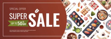 Japon yemek afişi, suşi, Miso çorbası, ramen, onigiri, dango, mochi, matcha çayı. Japon yemeği, sağlıklı beslenme, yemek pişirme, menü konsepti. Vektör illüstrasyonu.