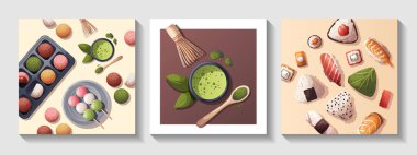 Suşi, tatlı Mochi, dango, kiraz çayı, onigiri. Japon yemeği, sağlıklı yemek, yemek, menü, tatlı yemek, tatlı konsepti. Vektör çizimi. Pankart, broşür, reklam, reklam.