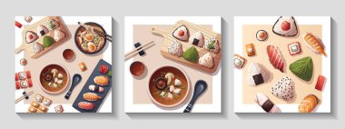 Suşi, Miso çorbası, ramen, onigiri, dango, mochi, matcha çayı. Japon yemeği, sağlıklı beslenme, yemek pişirme, menü konsepti. Vektör illüstrasyonu.