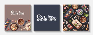 Suşi, Miso çorbası, ramen, onigiri, dango, mochi, matcha çayı. Japon yemeği, sağlıklı beslenme, yemek pişirme, menü konsepti. Vektör illüstrasyonu.