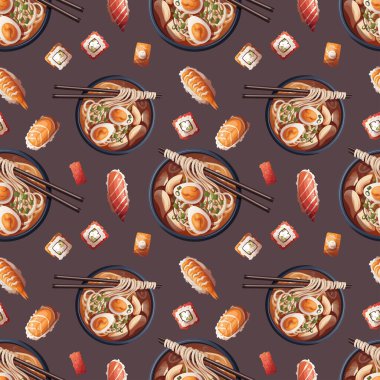 Ramen ve suşili Japon yemeği. Japon yemeği, sağlıklı beslenme, yemek pişirme, menü konsepti. Vektör illüstrasyonu.