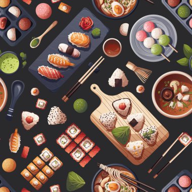 Suşi, Miso çorbası, ramen, onigiri, dango, mochi, matcha çayı. Japon yemeği, sağlıklı beslenme, yemek pişirme, menü konsepti. Vektör illüstrasyonu.
