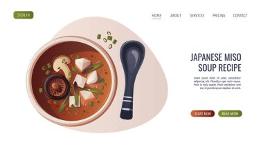 Japon yemeği sitesi ve miso çorbası. Japon yemeği, sağlıklı yemek, yemek, menü, beslenme konsepti. Vektör illüstrasyonu.